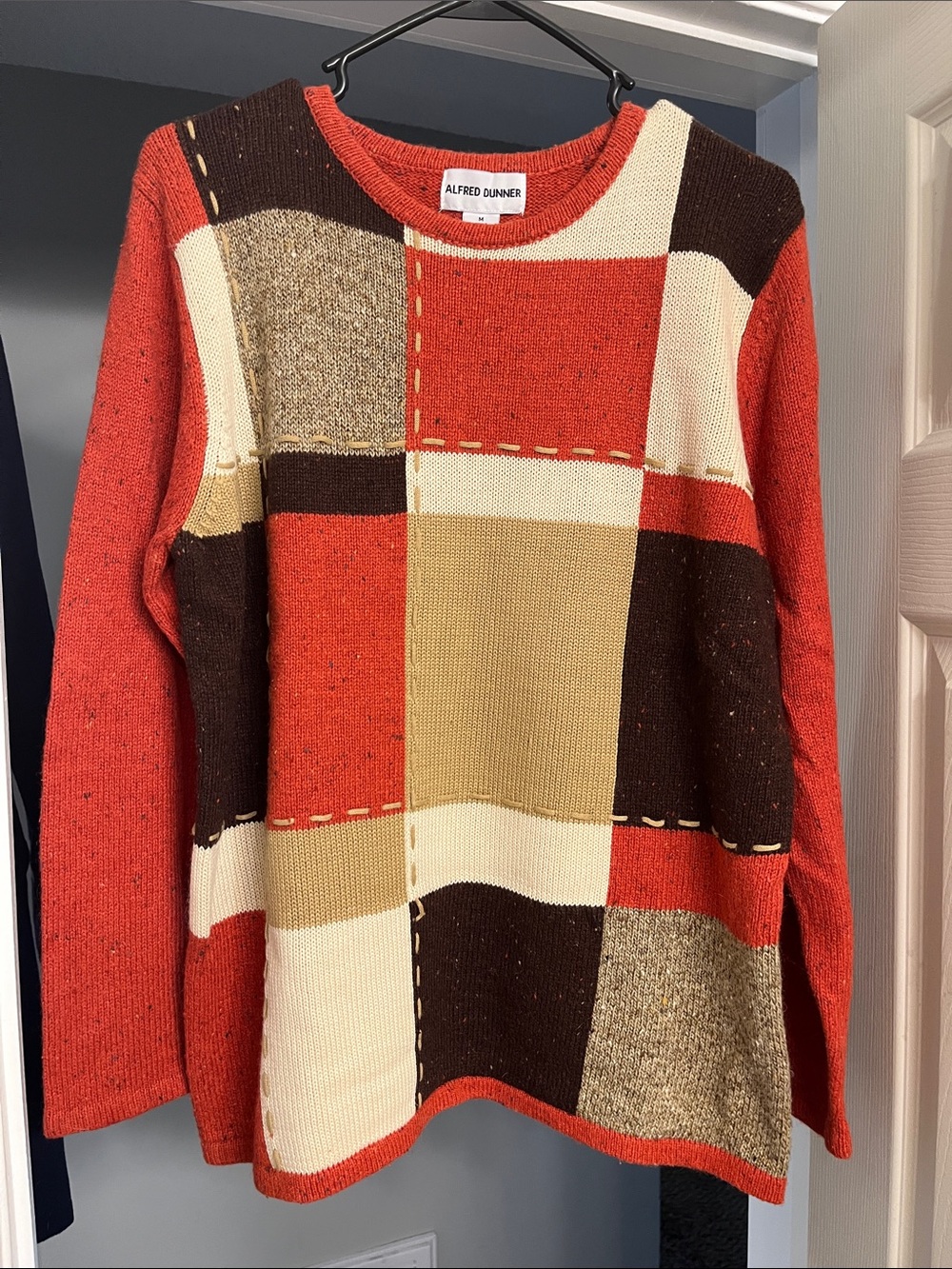 Alfred Dunner Patchwork Crewneck Sweater in Red, Brown & Cream